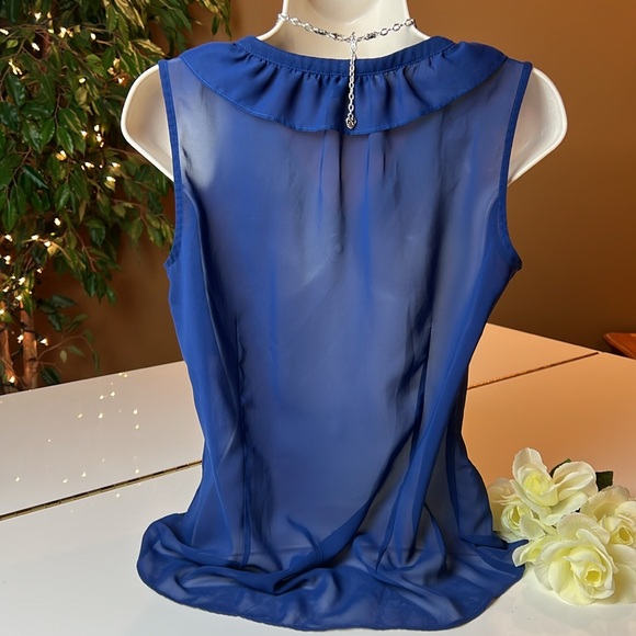 💙BANANA REPUBLIC SHEER BLUE TOP - RUFFLES AROUND THE NECK & FRONT BUTTONS SMALL - Picture 10 of 14